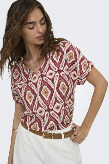 Only T-shirt ONLBELLY MIKASI SS V-NECK TOP WVN E 15380466 BRICK RED/ABSTRACT A