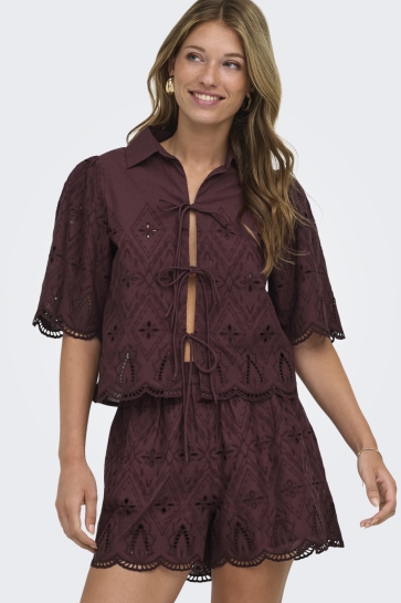 Only Blouse ONLFRANI S/S EMB BOW TOP WVN 15375567 Decadent Chocolate