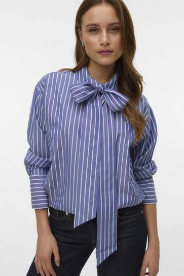 Vero Moda Blouse VMISLUNN L/S BOW SHIRT WVN BTQ 10342449 DARK DENIM/SNOW WHITE