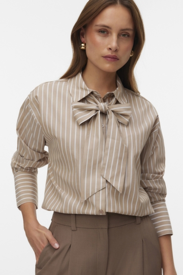 Vero Moda Blouse VMISLUNN L/S BOW SHIRT WVN BTQ 10342449 SILVER MINK/SNOW WHITE