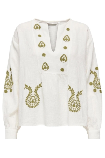 Only ONLMOON L/S EMB TOP WVN NOOS 15330944 Cloud Dancer/GREEN EMBR