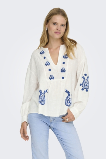 Only Blouse ONLMOON L/S EMB TOP WVN NOOS 15330944 CLOUD DANCER/BLUE EMB
