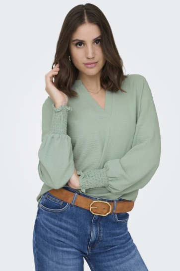 Only T-shirt ONLMETTE V-NECK LS SMOCK TOP NOOS W 15284309 Jadeite