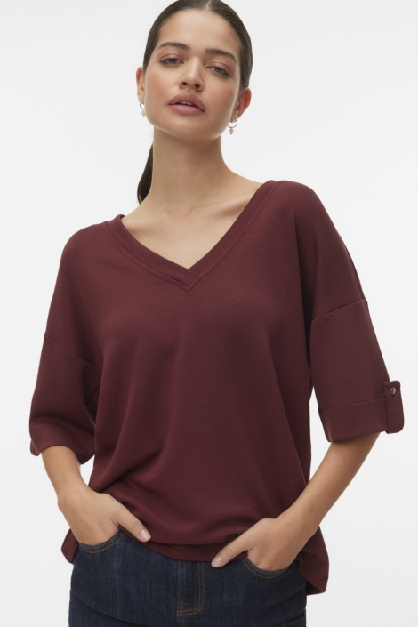 Vero Moda bordeaux dames t-shirt | Model vooraanzicht