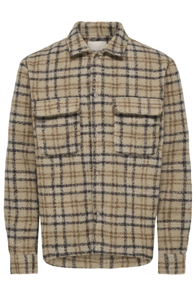 Only & Sons beige heren overhemd | Vooraanzicht