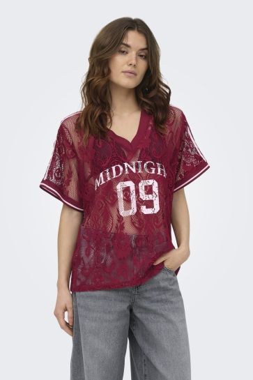 Only T-shirt ONLJULES S/S V-NECK LACE TOP WVN EX 15383405 Tibetan Red/PALE LILAC