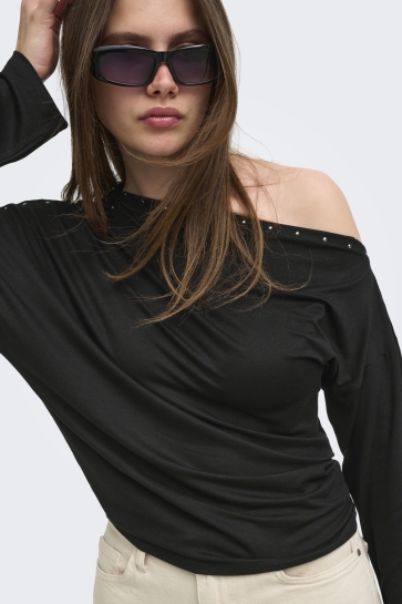 Only T-shirt ONLROX L/S OFF SHOUDER CS JRS 15391049 BLACK/GUN METAL STUDS