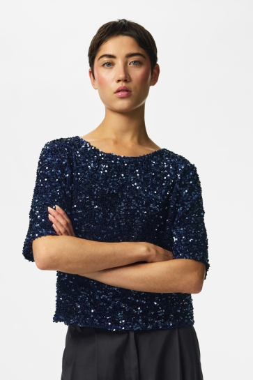 Pieces T-shirt PCKAMMY SS TOP JRS BC 17168476 Maritime Blue/Blue sequins
