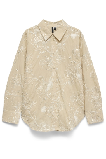 Vero Moda Blouse VMSHINE DETAIL LS SHIRT WVN 10348076 Cement/Snow white emb thread