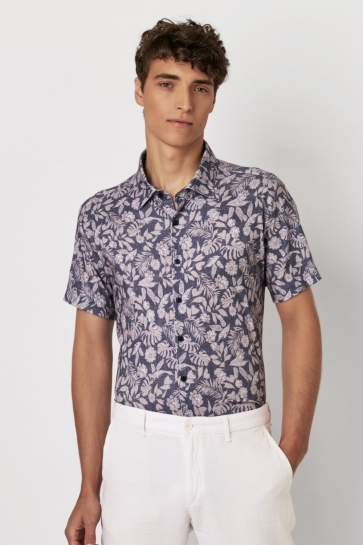 Desoto Overhemd CASUAL KENT 81132 3 193 OUTLINED LEAVES GREY