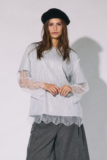 Noisy may T-shirt NMBIANKA L/S DOUBLE LAYER LACE TEE 27038865 Light Grey Melange/WHITE LACE