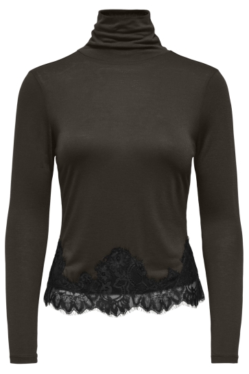 Jacqueline de Yong Top JDYSARA L/S ROLLNECK LACE TOP JRS 15387807 Mulch/BLACK LACE