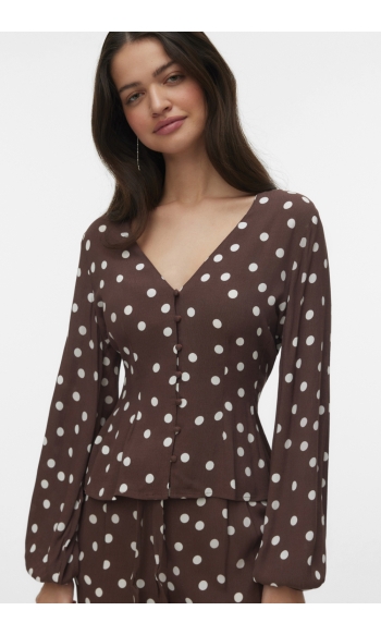 VMELISA L/S V-NECK BUTTON TOP WVN 10351060 Chocolate Martini/Snow white dot