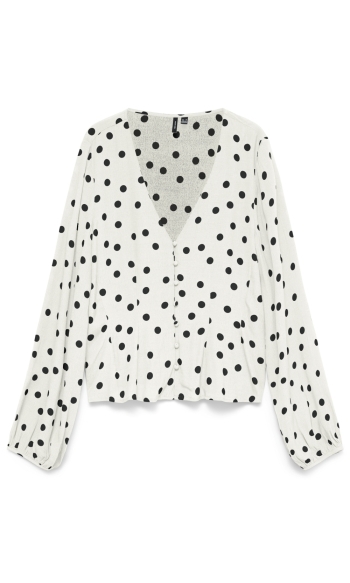 VMELISA L/S V-NECK BUTTON TOP WVN 10351060 Snow White/Black dot