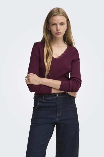 Only T-shirt ONLSARA SHARAI L/S V-NECK TOP JRS N 15380864 Burgundy