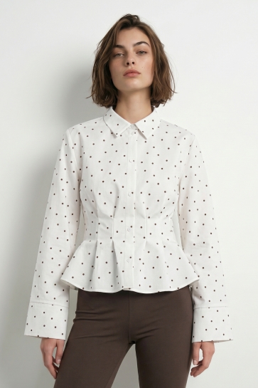 Hypedrop Blouse HDUNDINE LS PLEATED SHIRT 32001208 WHITE/BROWN DOTS