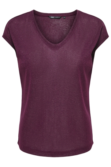 Only onlsilvery s/s v neck lurex top jrs Bordeaux