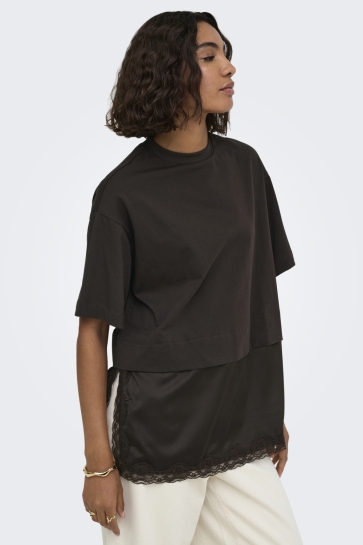 Only T-shirt ONLMEXA S/S TEE LACE TOP WVN 15382176 Black Coffee