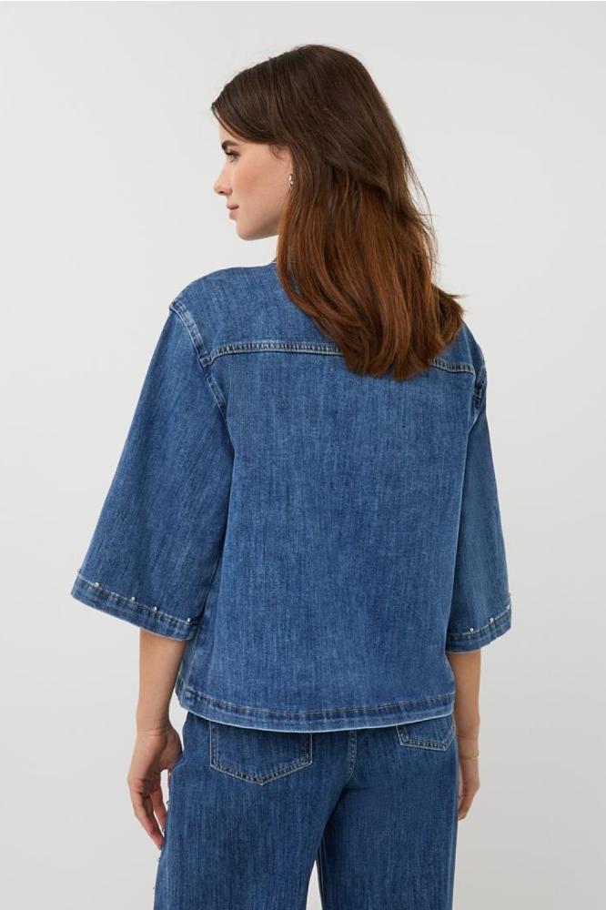 EsQualo blauwe dames blouse | Model achteraanzicht