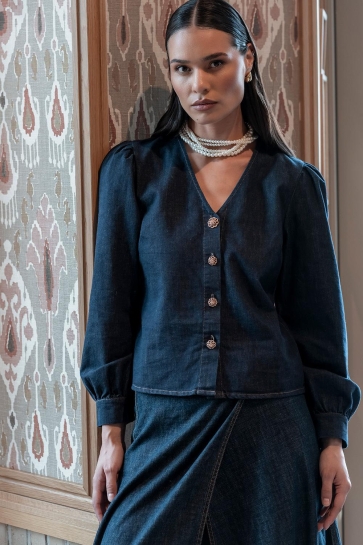 Geisha Blouse DENIM BLOUSE MET GOUDEN KNOPEN 53504 10 DARK BLUE DENIM