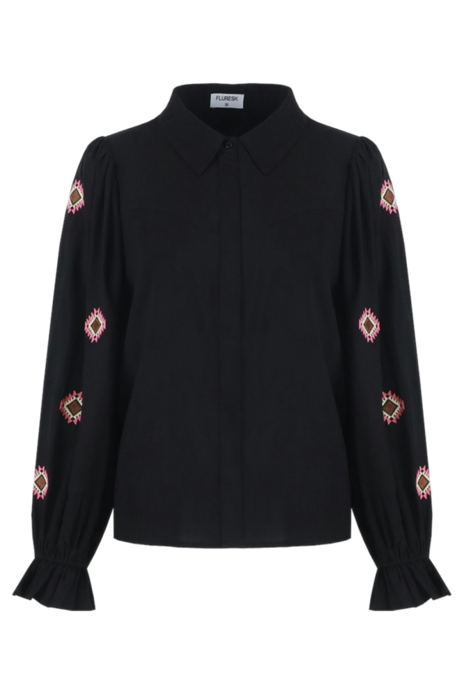 Fluresk zwarte dames blouse | Vooraanzicht