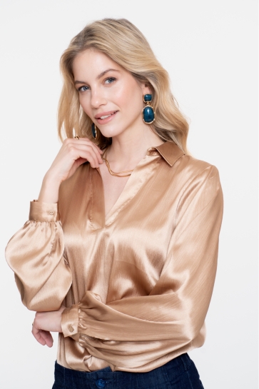 Geisha SATIN LOOK BLOUSE MET V HALS 53530 14 000720 SAND