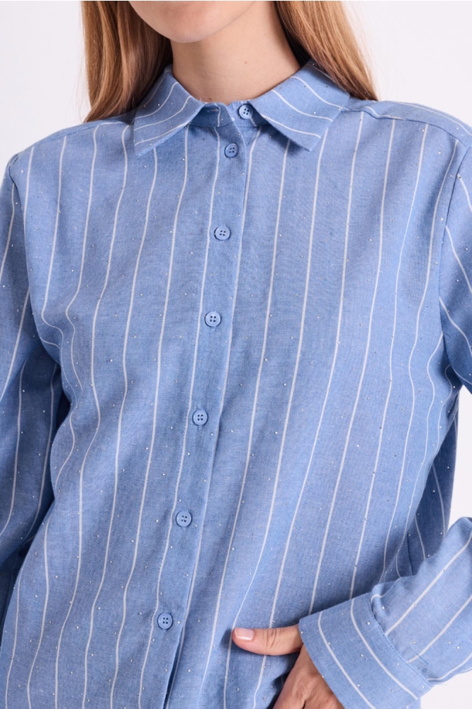 Freequent blauwe dames blouse | Close up