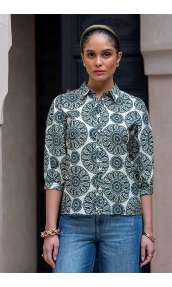 BLOUSE MET PRINT 63253 20 GREEN/ECRU