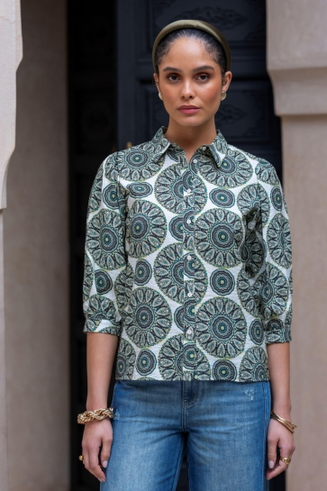 Geisha Blouse BLOUSE MET PRINT 63253 20 GREEN/ECRU