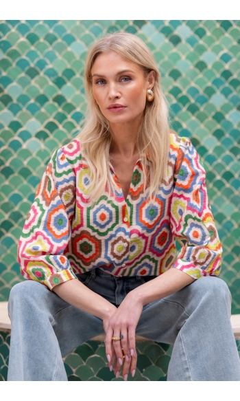 BLOUSE MET KLEURRIJKE TEGELTJES PRINT 63280 20 Ecru/Tabacco/Pink