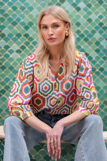 Geisha Blouse BLOUSE MET KLEURRIJKE TEGELTJES PRINT 63280 20 Ecru/Tabacco/Pink