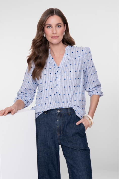 Geisha blauwe dames blouse | Model vooraanzicht