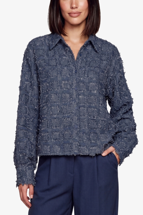 Fluresk blauwe dames blouse | Model vooraanzicht