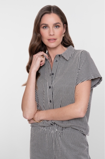 Geisha BLOUSE MET STREPEN EN KORTE MOUWEN 63193 20 Black/Ecru