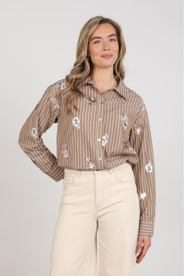 Nukus Blouse NEWPORT BLOUSE STRIPE FLOWER NKF02137 TAUPE/OFFWHITE