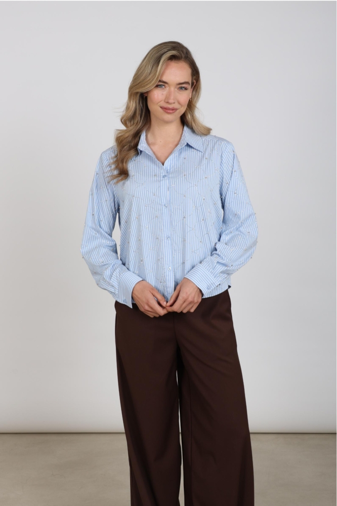 Nukus blauwe dames blouse | Model vooraanzicht