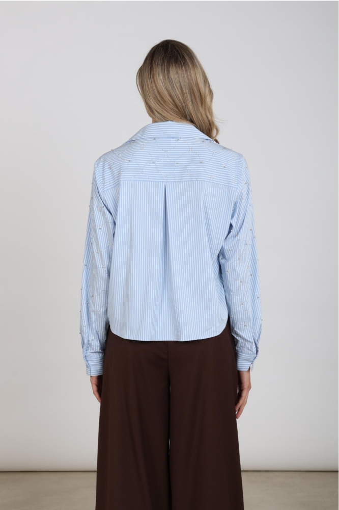 Nukus blauwe dames blouse | Model achteraanzicht