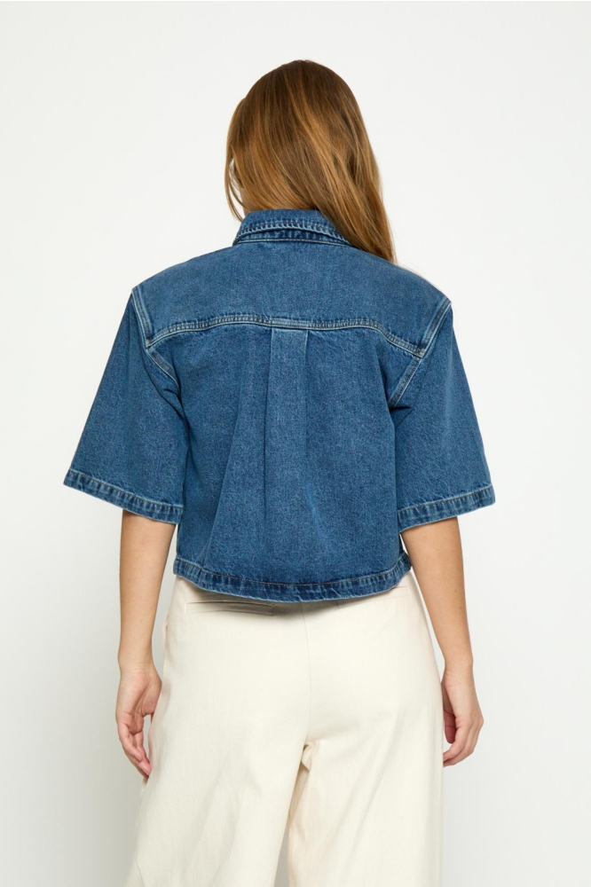 Minus blauwe dames blouse | Model achteraanzicht