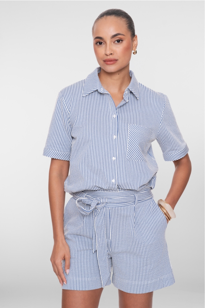 Geisha blauwe dames blouse | Model vooraanzicht