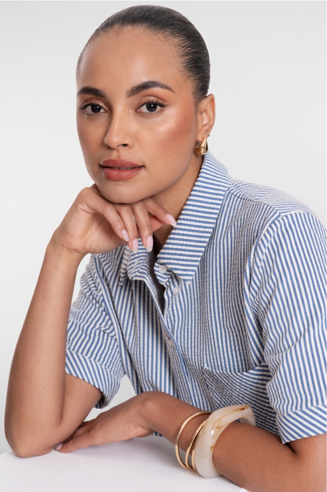 Geisha blauwe dames blouse | Close up