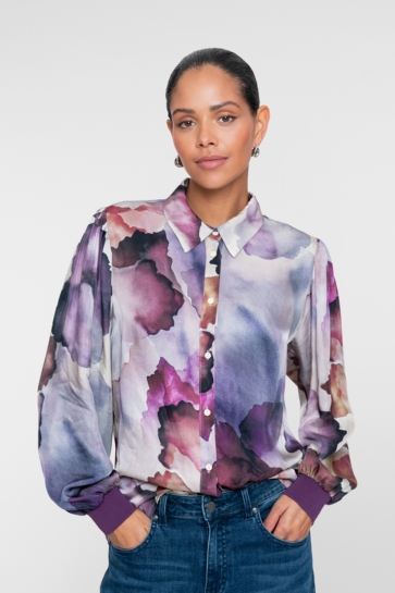 Geisha Blouse BLOUSE MET AQUAREL PRINT EN SPORTIEVE MANCHETTEN 63906 20 ECRU/PURPLE
