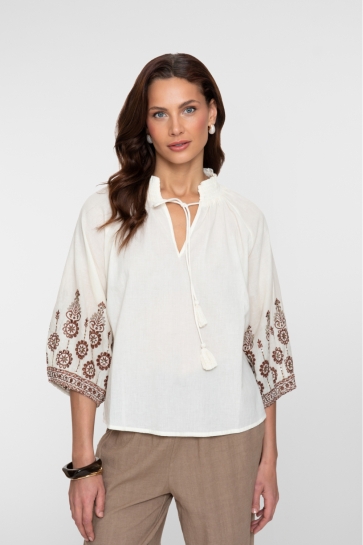 Geisha Blouse BLOUSE MET GEBORDUURDE MOUWEN 63434 26 Off-White/Ginger