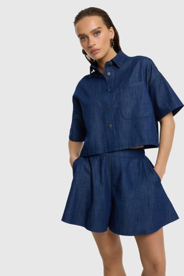 Refined Department Blouse ADELINE WOVEN SHORT SLEEVE DENIM R2605472187 201 NAVY