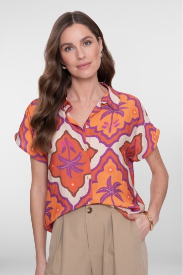 Geisha Blouse BLOUSE MET KORTE MOUWEN EN GRAFISCHE PRINT 63247 20 Ecru/mango/purple