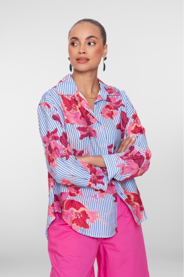 Geisha Blouse OVERSIZED BLOUSE MET STREPEN EN BLOEMEN 63395 70 Blue/Off White/Pink