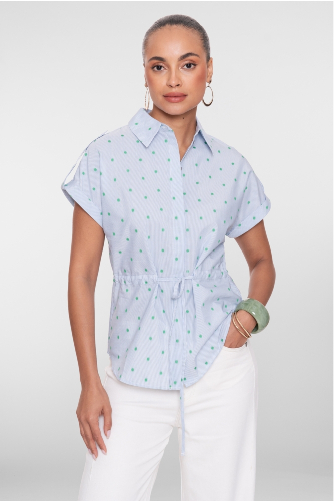 Geisha blauwe dames blouse | Model vooraanzicht