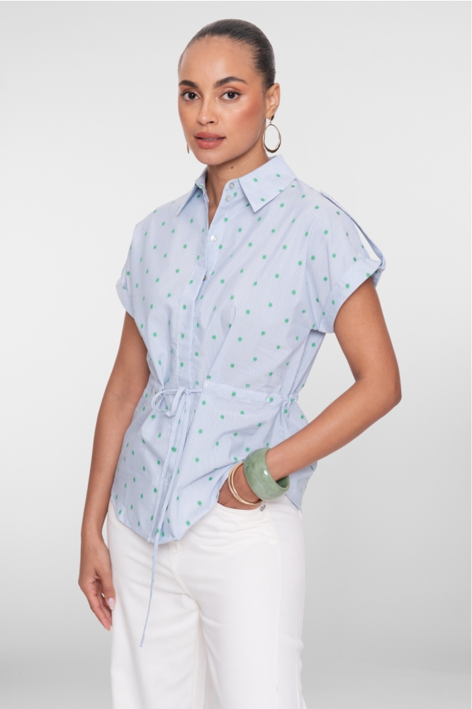 Geisha blauwe dames blouse | Model achteraanzicht