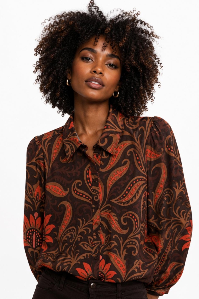 Geisha bruine dames blouse | Model vooraanzicht