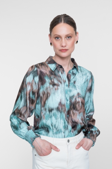 Geisha Blouse BLOUSE MET AQUARELPRINT EN GESMOKTE MANCHETTEN 63658 20 000735 camel/mint