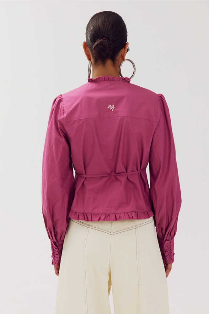 Harper & Yve paarse dames blouse | Model achteraanzicht